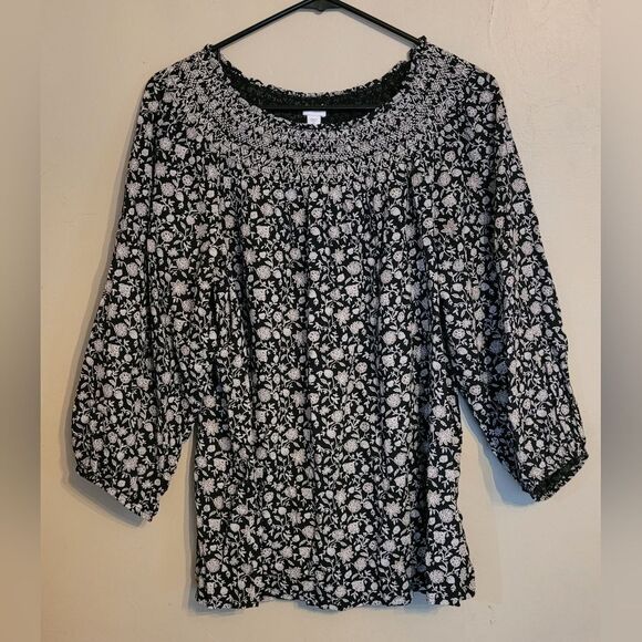 J.Jill size medium black smock elastic 3/4 sleeve tan Embroidered floral blouses - Picture 1 of 4